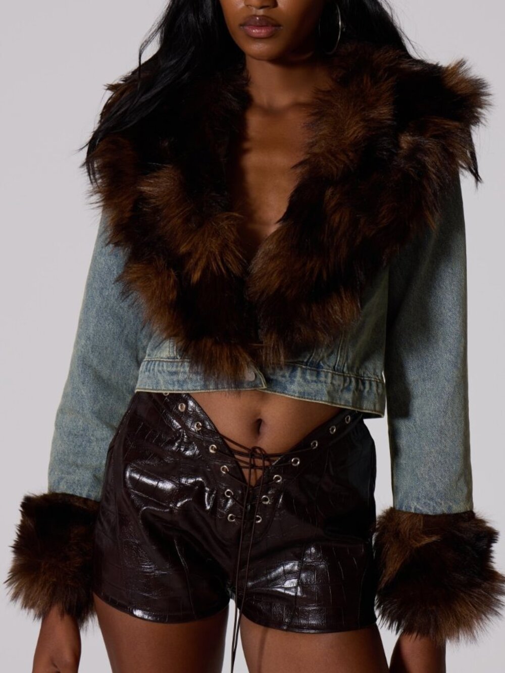 Blue Party Women's Denim Faux Fur Trim Fitted Jacket